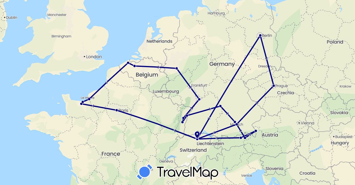 TravelMap itinerary: driving in Austria, Belgium, Switzerland, Czech Republic, Germany, France (Europe)